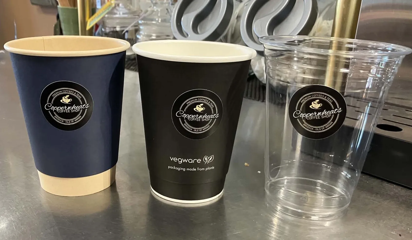 Bio degradable and compostable coffee cups at Copperwheats Coffee House
